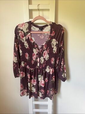 torrid plum floral smocked peasant tunic